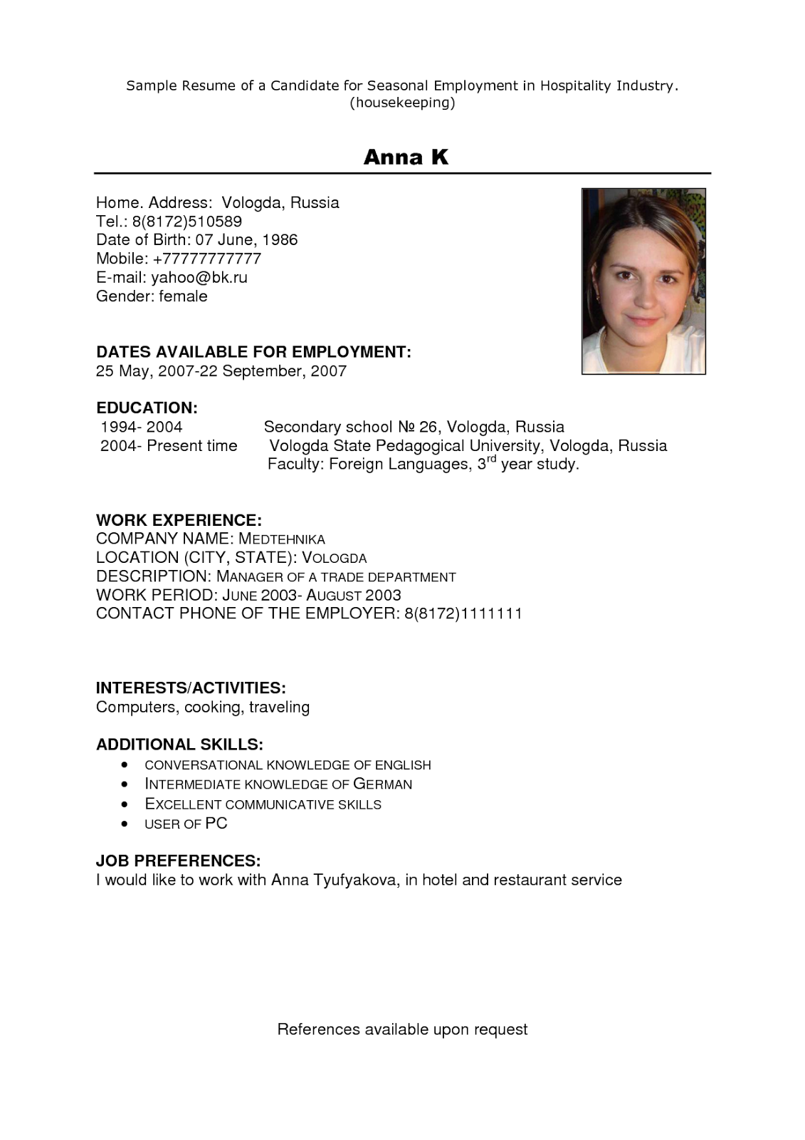Sample or format of resume
